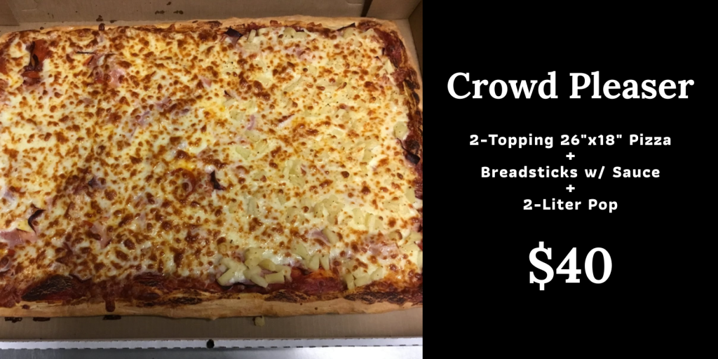 2 topping party tray pizza with breadsticks and a 2 liter for $40